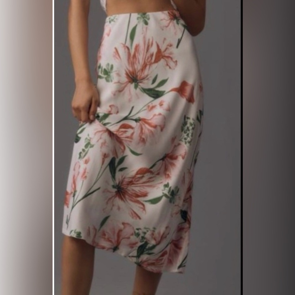 By Anthropologie Floral Lillies Midi Skirt in Pink and Green and White